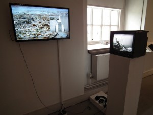 Claudia Firth: installation of: Data Stream: the Animal in the Machine, the Beast in the Market,2014, video 3mins and  Back and Fill, 2014, video 9mins 