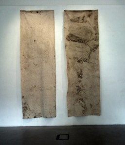 Katharine Fry: I tried to pull time out of the water, I, Thames tide and pencil drawing on unprimed canvas and I tried to pull time out of the water, II, Thames tide and pencil drawing on unprimed canvas